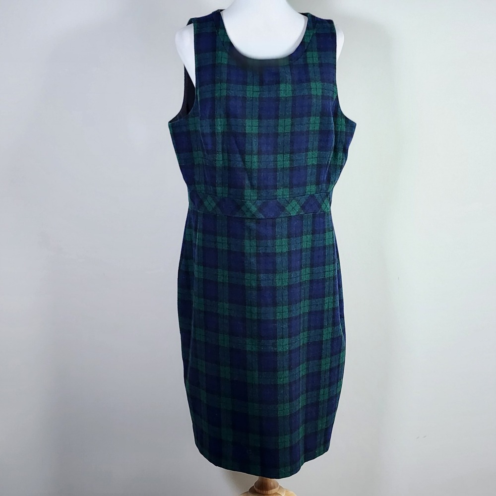 J Crew Black Watch Plaid Wool Blend Sheath Dress Womens 14 Green Blue Tartan
